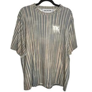 Tru Kolors Men's Blue Tan Vertical Striped Logo Short Sleeve Tee Size XXL